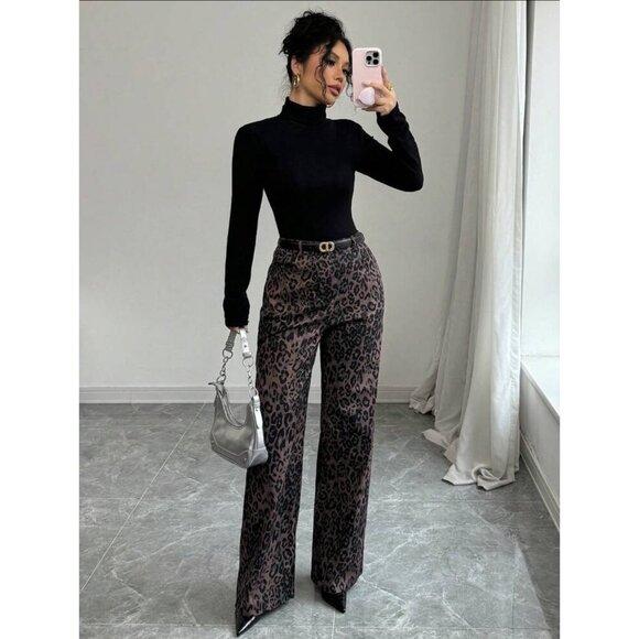 high rise leopard print wide leg pants denim jeans black brown dark - Picture 1 of 6